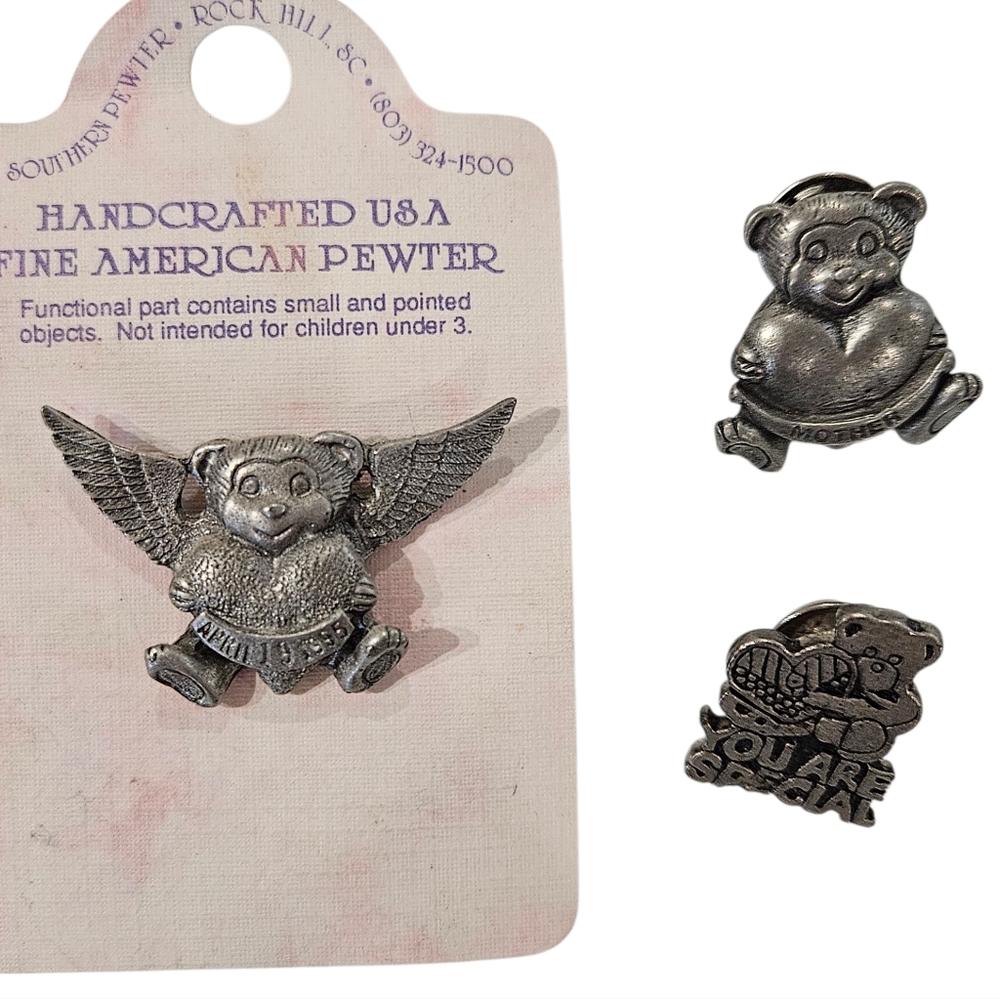 Vintage Bear Set Brooch Lapel Pins Fine American Pewter 3 Hearts Guardian Angel